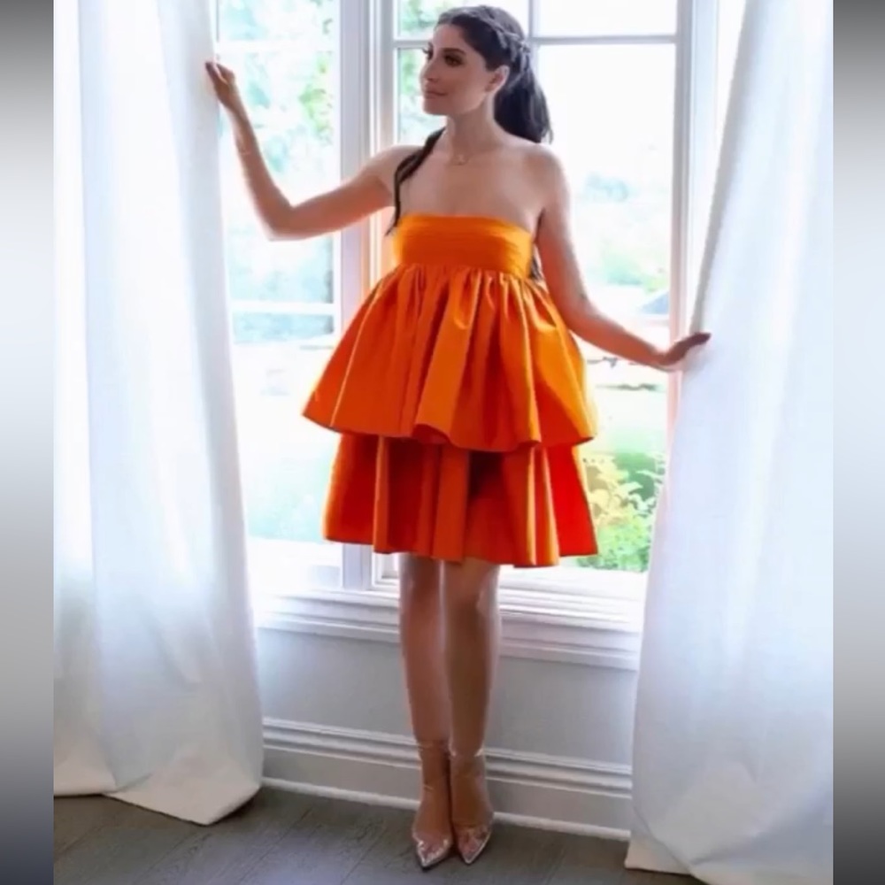 ROTATE BIRGER CHRISTENSEN CARMINA RUFFLED SATIN MINI DRESS IN ORANGE